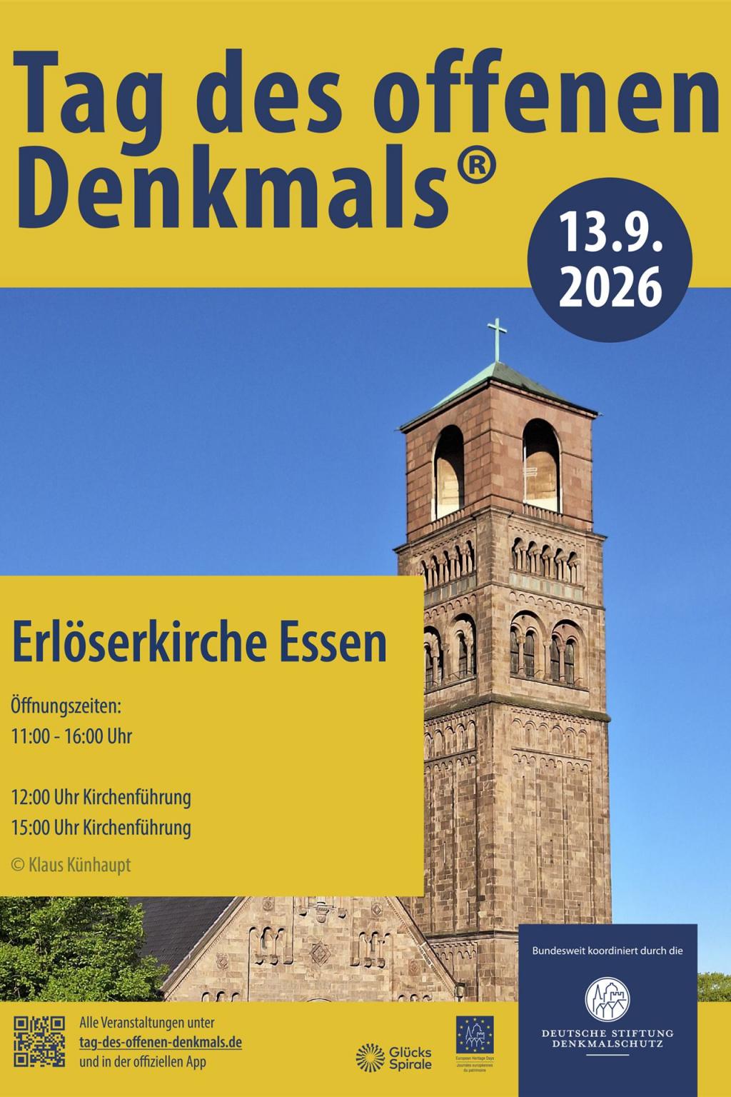 Plakat Tag des offenen Denkmals, 13. 9.2026, Öffnungszeiten Kirche 11.00 bis 16.00 Uhr, Kirchenführungen 12.00 udn 15.00 Uhr