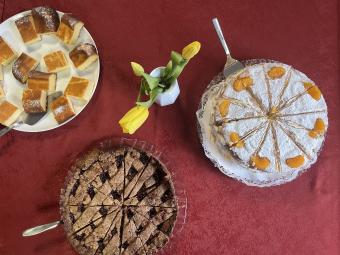 Der Tisch für das Café wunderbar ist wunderbar gedeckt mit herrlcihen Kuchen und Torten